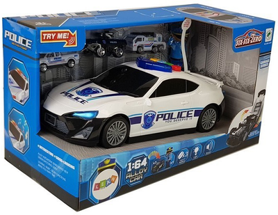 Zestaw samochodzików Lean Toys Wóz policyjny z funkcją garażu + 3 małe autka + figurka policjanta efekty dźwiękowe i świetlne (7537) (5904665996966)