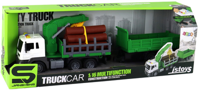 Ciężarówka z dźwigiem Lean Toys i przyczepą do drewna oraz z napędem frykcyjnym i dźwiękami 1:16 Zielona (16617) (5905884452035)