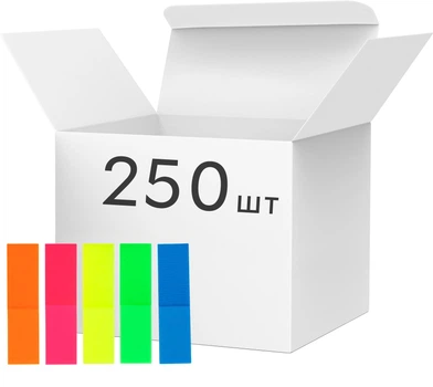 Упаковка пластиковых закладок H-Tone Neon с клейким слоем 45х12 мм 5 цветов 250 шт (JJ50323)
