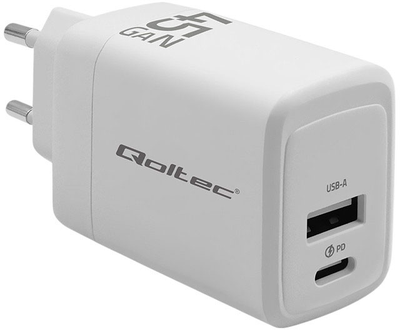 Ładowarka sieciowa Qoltec GaN 45W 5-20V 1x USB-C PD 1x USB QC 3.0 White (5901878518251)