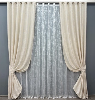 Комплект штор VR-Textil Жаккард Мрамор 100х270 2шт и Тюль 300х270 1763ш-1400т Молочный с белым 71-021/1