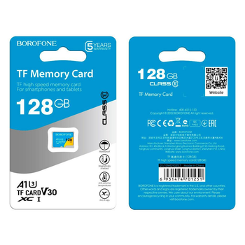 Карта памяти Borofone microSDXC 128Gb A1 V30 (UHS-1 U3) (Class 10) (R-100 Mb/s, W-30 Mb/s) для Full HD и 4К