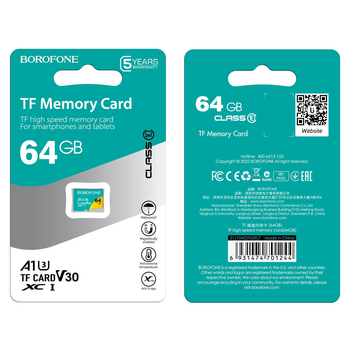 Карта памяти Borofone microSDXC 64Gb A1 V30 (UHS-1 U3) (Class 10) (R-100 Mb/s, W-30 Mb/s) для Full HD и 4К
