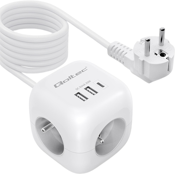 Rozgałęźnik sieciowy Qoltec Power Cube 3x AC + 2x USB + 1x USB-C PD 20W 2 m White (5901878525471)