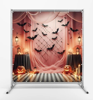 Баннер на Хэллоуин. Halloween "Летучие мыши, тыквы, свечи" размер 2х2м. С люверсами.