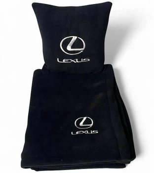 Плед и подушка в авто с вышитым логотипом LEXUS черный флис 260г/м2 размер S