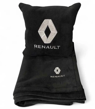 Плед и подушка в авто с вышитым логотипом RENAULT черный флис 260г/м2 размер S