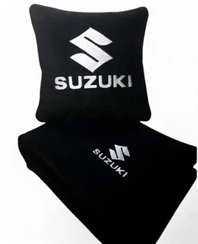 Плед и подушка в авто с вышитым логотипом SUZUKI черный флис 260г/м2 размер S