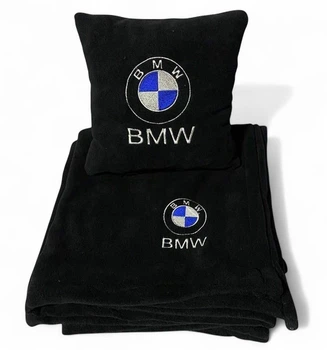 Плед и подушка в авто с вышитым логотипом BMW черный флис 260г/м2 размер M