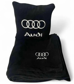 Плед и подушка в авто с вышитым логотипом AUDI черный флис 260г/м2 размер S