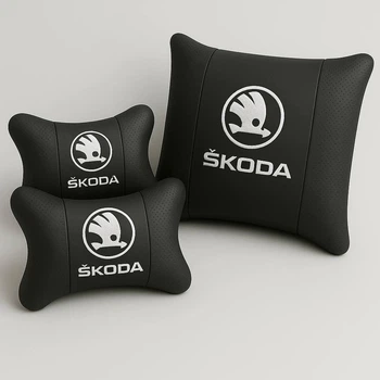 Комплект подушек в авто для поясницы и подголовника с логотипом SKODA