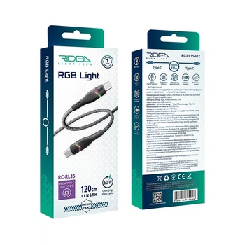 Кабель USB Ridea RC-RL15 RGB Light Type-C to Type-C 60W 1.2m (Черный)