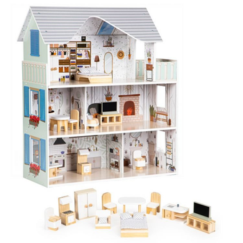 Drewniany domek dla lalek Ecotoys z zestawem drewnianych mebli – 3 poziomy „Emma Residence” (8301) (5903769974870)