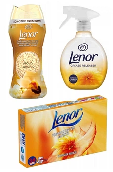 Набір засобів для прання та сушіння білизни Lenor: кондиціонер-гранули, серветки, спрей