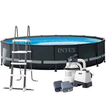Бассейн каркасный Intex 26326 круглый на 19156 л из ПВХ и стали с песочным насосом лестницей тентом и подстилкой 488x122 см Серый (124-9-26326)