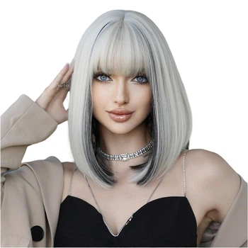 Парик блондинки бело-черный удлиненное каре Blonde, термоволокно XOUJE