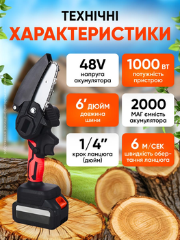 Пила акумуляторна садова ланцюгова міні пилка електрична для обрізки дерев розпилу дров чорна + 2 акумулятори