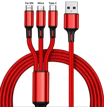 USB Кабель быстрой зарядки iPhone Android 3 в 1 для зарядки MicroUSB Type-C Lightning 1.2м 2,4 А Нейлоновый Плетеный Шнур Одновременная Зарядка Samsung Xiaomi Oppo Red