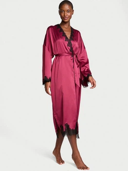 Халат Атласний Victoria's Secret Satin Satin & Rose Lace Open-Back Long Robe XS\S Бордовий (26811398D)