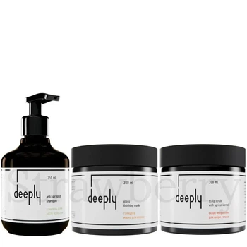 Набор для стимуляции роста и сияния волос Deeply Шампунь стимулирующий Deeply Anti Hair Loss Shampoo 250мл + Глянцевая маска Deeply Gloss Finishing Mask 300мл + Скраб для кожи головы Deeply Scalp Scrub With Apricot Kernel 300мл
