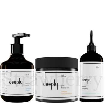Набор для увлажнения и сияния волос Deeply Увлажняющий шампунь Deeply Hydrating Shampoo 250мл + Глянцевая маска Deeply Gloss Finishing Mask 300мл + Пилинг для кожи головы Deeply Refreshing Scalp Peeling 200мл