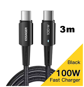 Кабель провід Essager Type-C (USB-C) Type C PD 100W 5A 3м Чорний