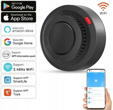 Звуковой смарт датчик дыма Wi-Fi 2.4 GHz беспроводной пожарный дымовой детектор для дома / офиса, черный (109893624)