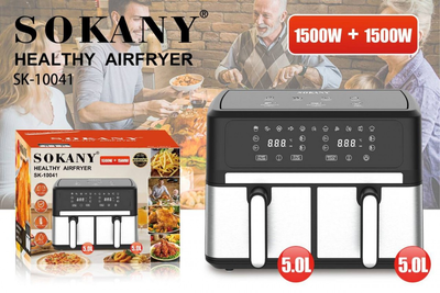 Мультипечь двухкамерная Sokany SK-10041, 2×5 л, 3000 Вт (2×1500 Вт), черно-серебристая, с сенсорным управлением