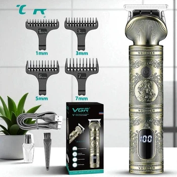 Триммер VGR-Pro аккумуляторная машинка с LED-дисплеем для стрижки волос усов и бороды USB 4 насадки золотой (Z69)