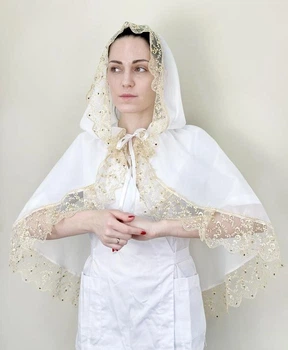 Женская накидка-палантин для храма Family Tradition шифон с кружевом 70 см белая Солнечная нежность