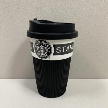 Склянка керамічний з силіконовою кришкою 360 мл Starbucks 9702 чорний з білим