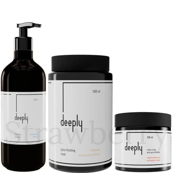 Набор для увлажнения и сияния волос Deeply Увлажняющий шампунь Deeply Hydrating Shampoo 1л + Глянцевая маска Deeply Gloss Finishing Mask 1л + Скраб для кожи головы Deeply Scalp Scrub With Apricot Kernel 300мл