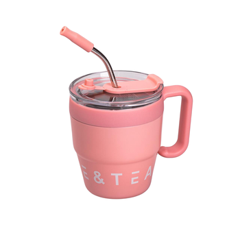 Термокружка Coffee & Tea 480 мл с трубочкой и двойным открыванием розовая
