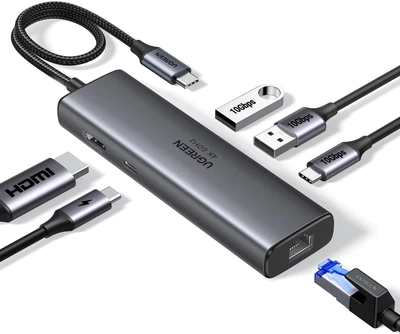 USB-хаб Ugreen CM512 USB-C to HDMI+2xUSB 3.2+USB-C 3.2+RJ-45+PD Power Converter Gray (UGR-45000)
