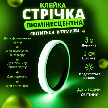 Люминесцентная лента cветящаяся в темноте, самоклеящаяся, для декора и безопасности, зелёная, 1 см х300 см