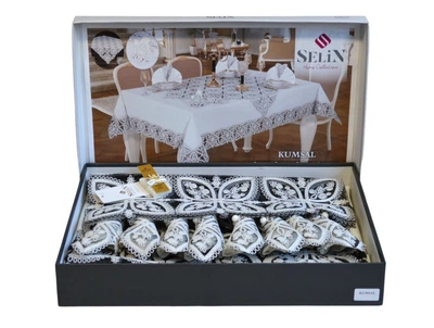 Льняная скатерть с ранером Selin Kumsal Set 160×300 см+12 кремовых салфеток