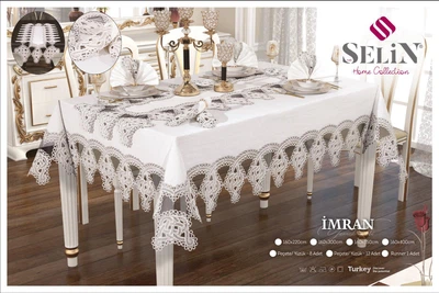 Льняная скатерть с ранером Selin Imran Set 160×220 см+8 салфеток кремовая
