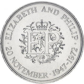 Монета Великобритания 1 крона 1972 F-VF 25 годовщина свадьбы Королевы Елизаветы II и принца Филиппа (KM#917)