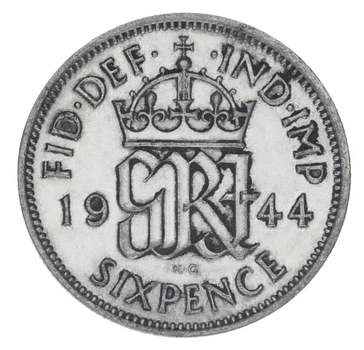 Монета Великобритания 6 пенсов 1944 Серебро F-VF (Ag 500, 2,83 грамма)