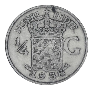 Монета Нидерландская Индия 1/4 гульдена 1938 F-VF (Ag 720, 3,18 грамм)