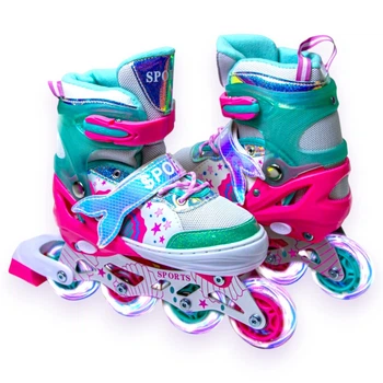 Детские раздвижные ролики 34-37 с комплектом защиты и шлемом Scale Sports Mermaid подсветка колес бирюзовый