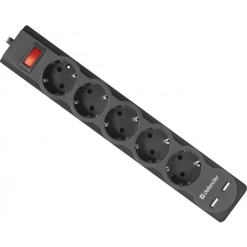 Мережевий фільтр живлення Defender DFS 751, 1.8m, 5роз., 2xUSB (99751)