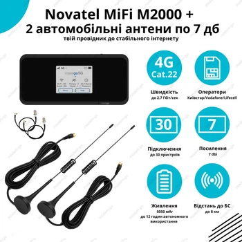 4G/5G автокомплект WiFi роутер Novatel MiFi M2000 + 2 штуки автомобильных антенн по 7 Дб
