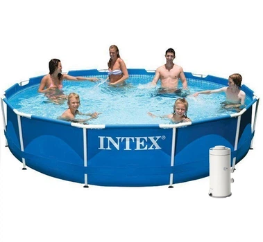 Круглый каркасный бассейн Intex 28210-4 с чашей из ПВХ фильтр насос 2006 л/ч подстилкой и тентом 366х76 см Синий (127-9-28210-4)