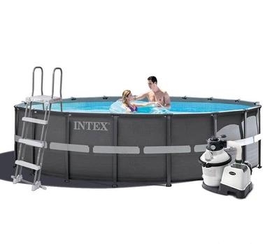 Круглый каркасный бассейн Intex 26326 с чашей из ПВХ фильтр насосом 5700 л/ч лестницей тентом и подстилкой 488х122 см Серый (127-9-26326)