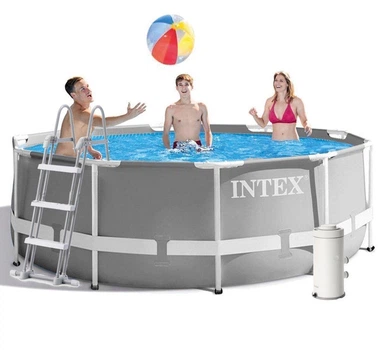 Круглый каркасный бассейн Intex 26706-5 с чашей из ПВХ фильтр насосом 3785 л/ч лестницей тентом и подстилкой 305х99 см Серый (127-9-26706-5)