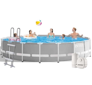 Круглий каркасний басейн Intex 26732 з чашею із ПВХ фільтр насосом 5678 л/год драбиною тентом та підстилкою 549х122 см Сірий (127-9-26732)