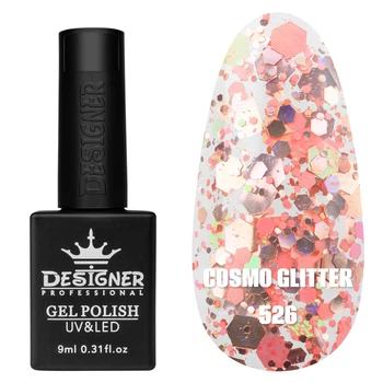 Гель-лак для ногтей Cosmo Glitter Дизайн с разноцветным глиттером разного размера , 9 мл Нежно розовый с серебром №526