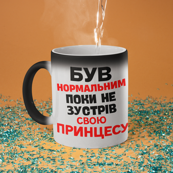 Чашка подарункова хамелеон керамічна з принтом "Був нормальним поки не зустрів Принцесу" 330 мл
