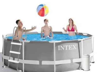 Каркасний басейн Intex 26706 із ПВХ 305 x 99 см круглий з чашею каркасом фільтр-насосом 3785 л / год драбиною тентом і підстилкою Сірий (21-9-26706-5)